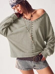 Bohemela BOHO Retro 80s And 90s 70s Casual Solid Color Rivet Knit V-Neck Long Sleeve Loose Washed Women Sweatshirt In Autumn Concert Everyday Travel Dusty Rose - Apricot - View 5
