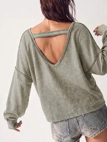 Bohemela BOHO Retro 80s And 90s 70s Casual Solid Color Rivet Knit V-Neck Long Sleeve Loose Washed Women Sweatshirt In Autumn Concert Everyday Travel Dusty Rose - Apricot - View 7