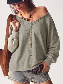 Bohemela BOHO Retro 80s And 90s 70s Casual Solid Color Rivet Knit V-Neck Long Sleeve Loose Washed Women Sweatshirt In Autumn Concert Everyday Travel Dusty Rose - Apricot - View 4