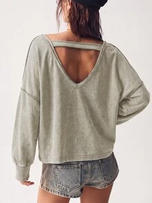 Bohemela BOHO Retro 80s And 90s 70s Casual Solid Color Rivet Knit V-Neck Long Sleeve Loose Washed Women Sweatshirt In Autumn Concert Everyday Travel Dusty Rose - Apricot - View 2