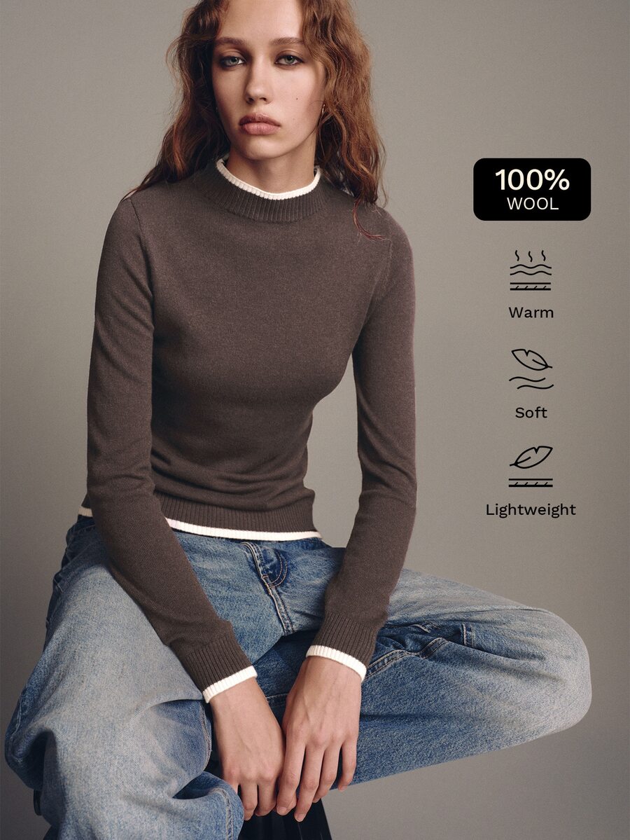 MOTF PREMIUM كنزة صوف ميرينو 100% بتصميم كتل لونية أساسية وقصة ضيقة وياقة وهمية - قهوة بني - مشاهدة 1