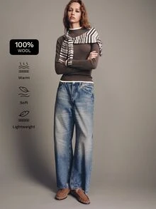 MOTF PREMIUM كنزة صوف ميرينو 100% بتصميم كتل لونية أساسية وقصة ضيقة وياقة وهمية - قهوة بني - مشاهدة 4