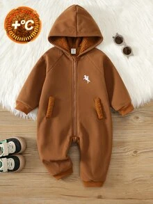 SHEIN Baby Boy Autumn/Winter Thermal Lined Thick Embroidered Jumpsuit - Brown - View 4