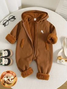 SHEIN Baby Boy Autumn/Winter Thermal Lined Thick Embroidered Jumpsuit - Brown - View 7