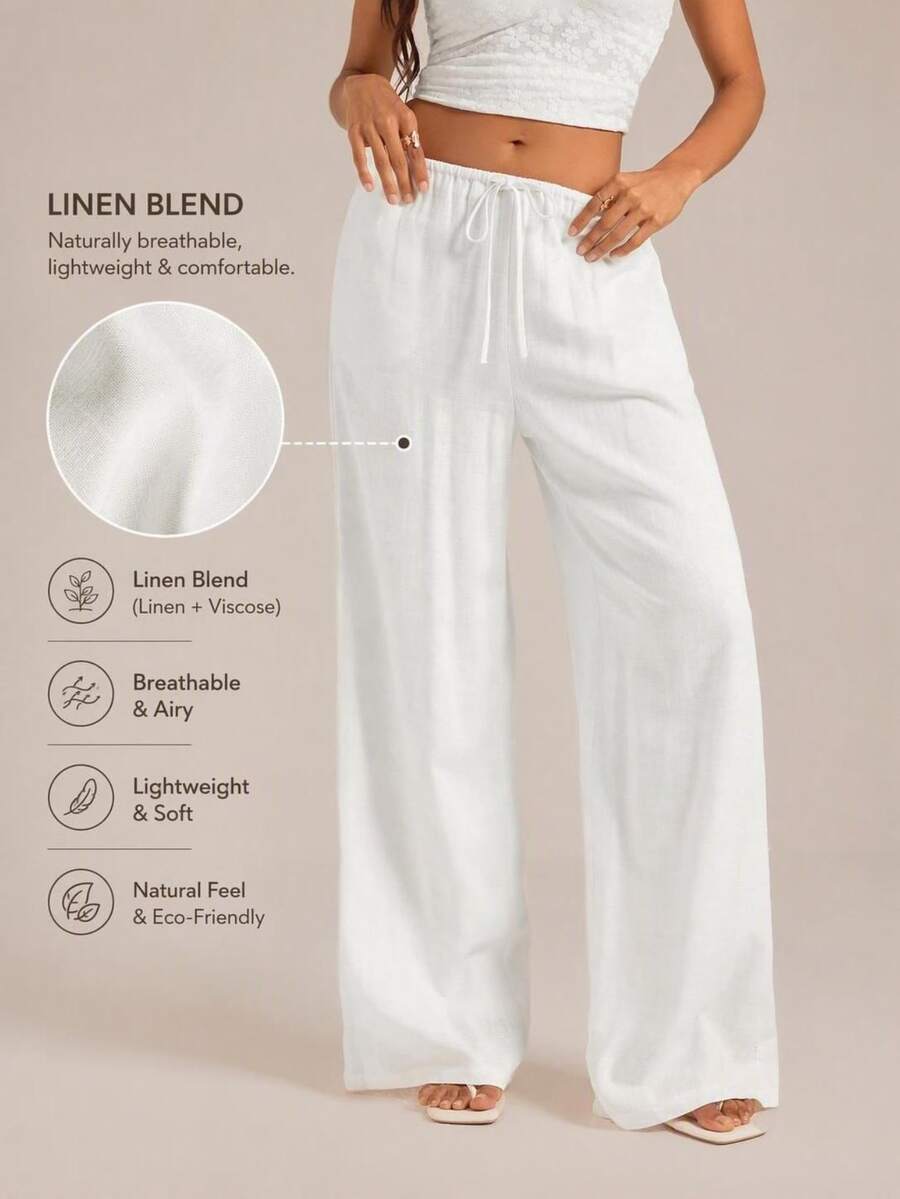 SHEIN Tall Spring Summer Autumn Winter Solid Color Low Waist Linen White Long Pants, Vacation Beach Long Pants, Loose White Linen Long Pants - White - View 1
