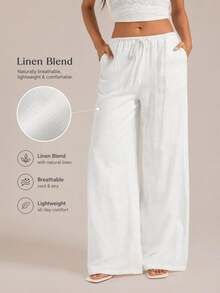 SHEIN Tall Spring Summer Autumn Winter Solid Color Low Waist Linen White Long Pants, Vacation Beach Long Pants, Loose White Linen Long Pants - White - View 3
