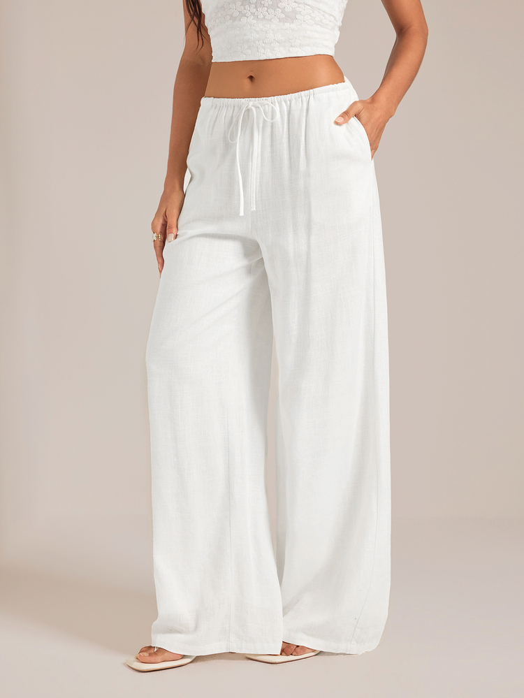 SHEIN Tall Spring Summer Autumn Winter Solid Color Low Waist Linen White Long Pants, Vacation Beach Long Pants, Loose White Linen Long Pants - White - View 7