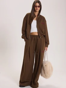 MUSERA High Funnel Neck Zip Through Embroidered Jumper Winter Fall Cute Everyday Coolgirl Mullburn Hill - Coffee Brown - View 2