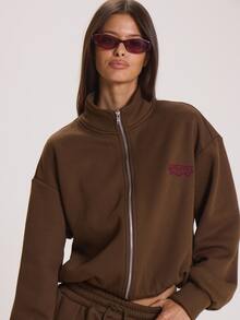 MUSERA High Funnel Neck Zip Through Embroidered Jumper Winter Fall Cute Everyday Coolgirl Mullburn Hill - Coffee Brown - View 5
