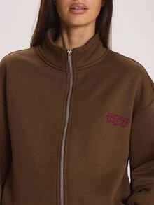 MUSERA High Funnel Neck Zip Through Embroidered Jumper Winter Fall Cute Everyday Coolgirl Mullburn Hill - Coffee Brown - View 6