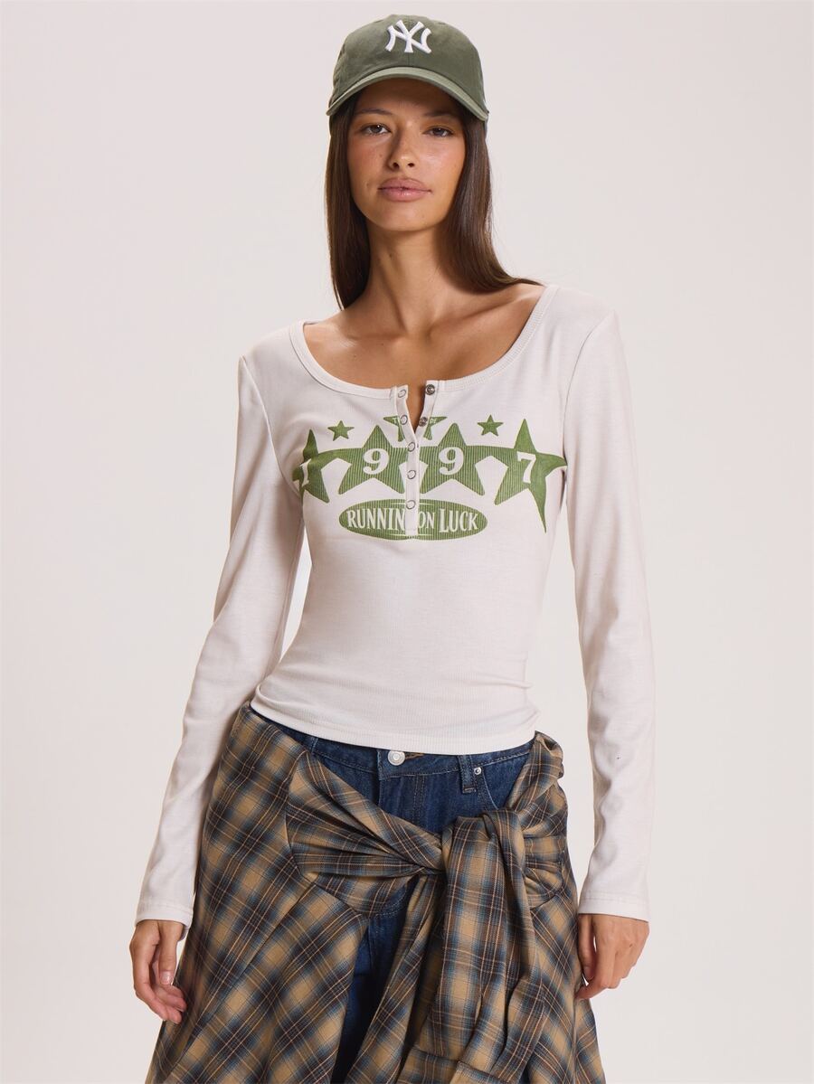 MUSERA Scoop Neck Graphic Print Button Down Long Sleeve Top Winter Fall Cute Everyday Coolgirl Mullburn Hill - Apricot - View 1
