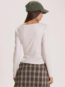 MUSERA Scoop Neck Graphic Print Button Down Long Sleeve Top Winter Fall Cute Everyday Coolgirl Mullburn Hill - Apricot - View 4