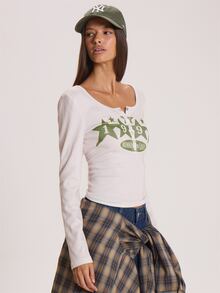 MUSERA Scoop Neck Graphic Print Button Down Long Sleeve Top Winter Fall Cute Everyday Coolgirl Mullburn Hill - Apricot - View 3