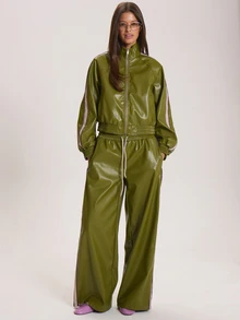 MUSERA Faux Leather Elasticated Waist Loose Fit Wide Leg Trouser Winter Fall Cute Everyday Coolgirl Mullburn Hill - Green - View 1