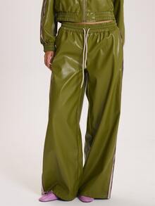 MUSERA Faux Leather Elasticated Waist Loose Fit Wide Leg Trouser Winter Fall Cute Everyday Coolgirl Mullburn Hill - Green - View 2