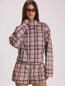 MUSERA Checkered High Funnel Neck Contrast Piping Cropped Boxy Jacket Autumn Winter Fall Cute Everyday Coolgirl Mullburn Hill - Multicolor - View 1