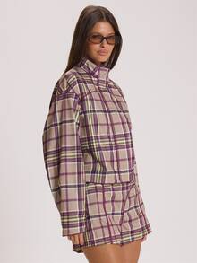 MUSERA Checkered High Funnel Neck Contrast Piping Cropped Boxy Jacket Autumn Winter Fall Cute Everyday Coolgirl Mullburn Hill - Multicolor - View 3