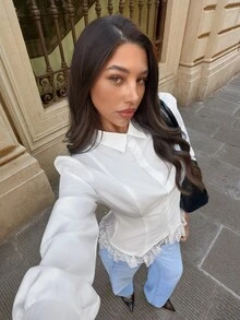 Siren Gaze بلوزة نسائية جديدة للخريف/الشتاء مزينة بالدانتيل والقطع المنسوجة - أبيض - مشاهدة 7