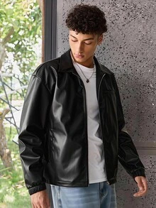 ESTAVOR 男士時尚日常休閒 PU 皮革修身長袖都市黑色搖滾風拉鍊夾克，適合送給朋友、丈夫、男友的禮物，情侶穿搭，春季戶外適用 - 黑色 - 查看 1