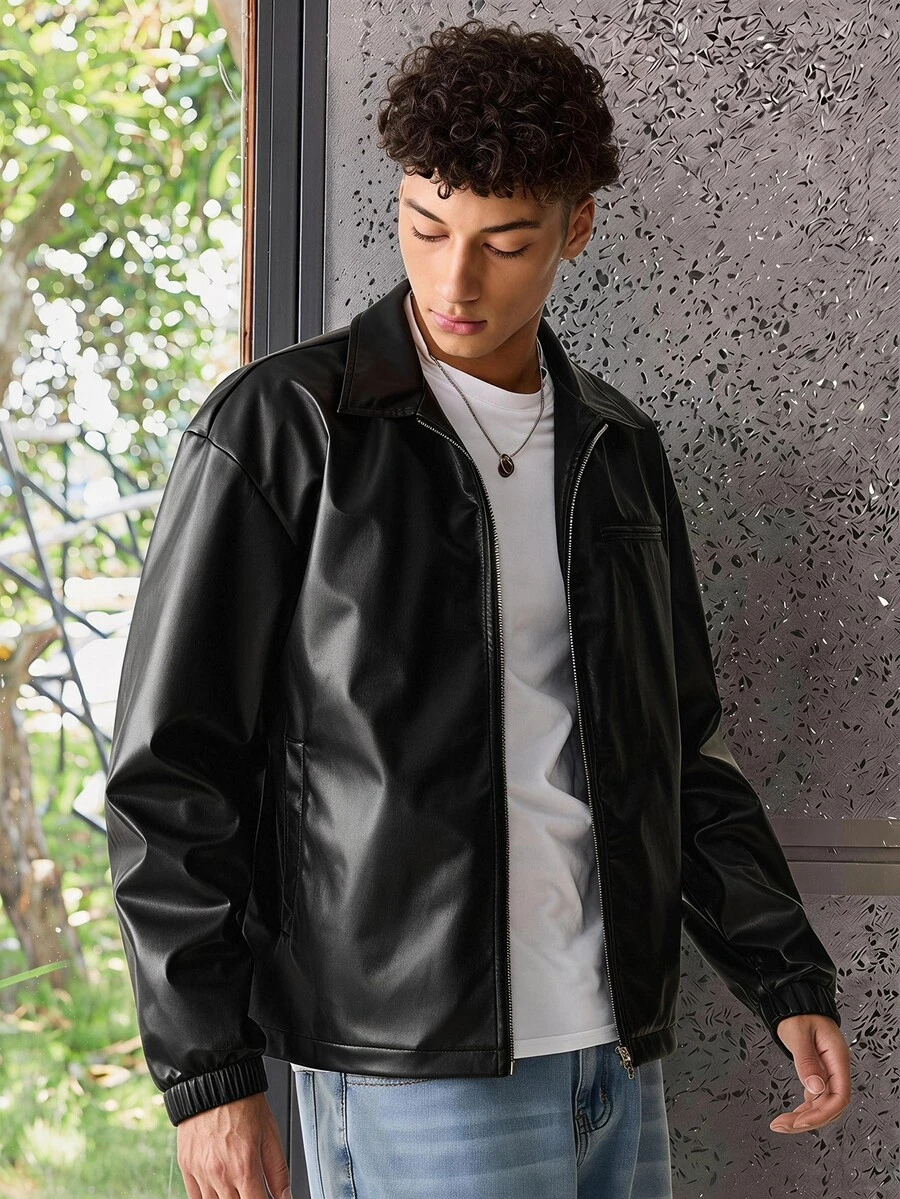 ESTAVOR 男士時尚日常休閒 PU 皮革修身長袖都市黑色搖滾風拉鍊夾克,適合送給朋友、丈夫、男友的禮物,情侶穿搭,春季戶外適用 - 黑色 - 查看 1