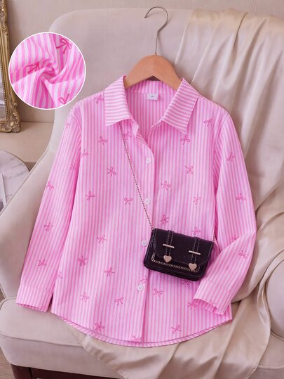 SHEIN قميص كلاسيكي بطبعة خطوط وفيونكة بأسلوب لطيف Y2K للفتيات المراهقات، مخطط باللونين الوردي والأبيض، ملابس كاجوال للمدرسة والعودة للمدرسة في فصل الخريف للارتداء اليومي
