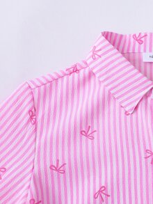 SHEIN Tween女孩Y2K可愛風蝴蝶結條紋印花經典襯衫，粉色與白色條紋休閒校園返校秋季日常穿搭 - 粉色 - 查看 9