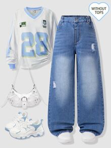 SHEIN 女童牛仔長褲 夏季新款復古街頭風休閒水藍色磨損破洞水洗彈性高腰寬鬆直筒棉質布料 - 中等水洗藍 - 查看 5