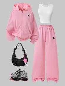 SHEIN 3件組女童青少年套裝 連帽長袖拉鍊運動衫 小馬圖案 秋季穿搭上衣 假期 六年級派對 正式 粉色白色 寬鬆休閒 - 粉色 - 查看 4