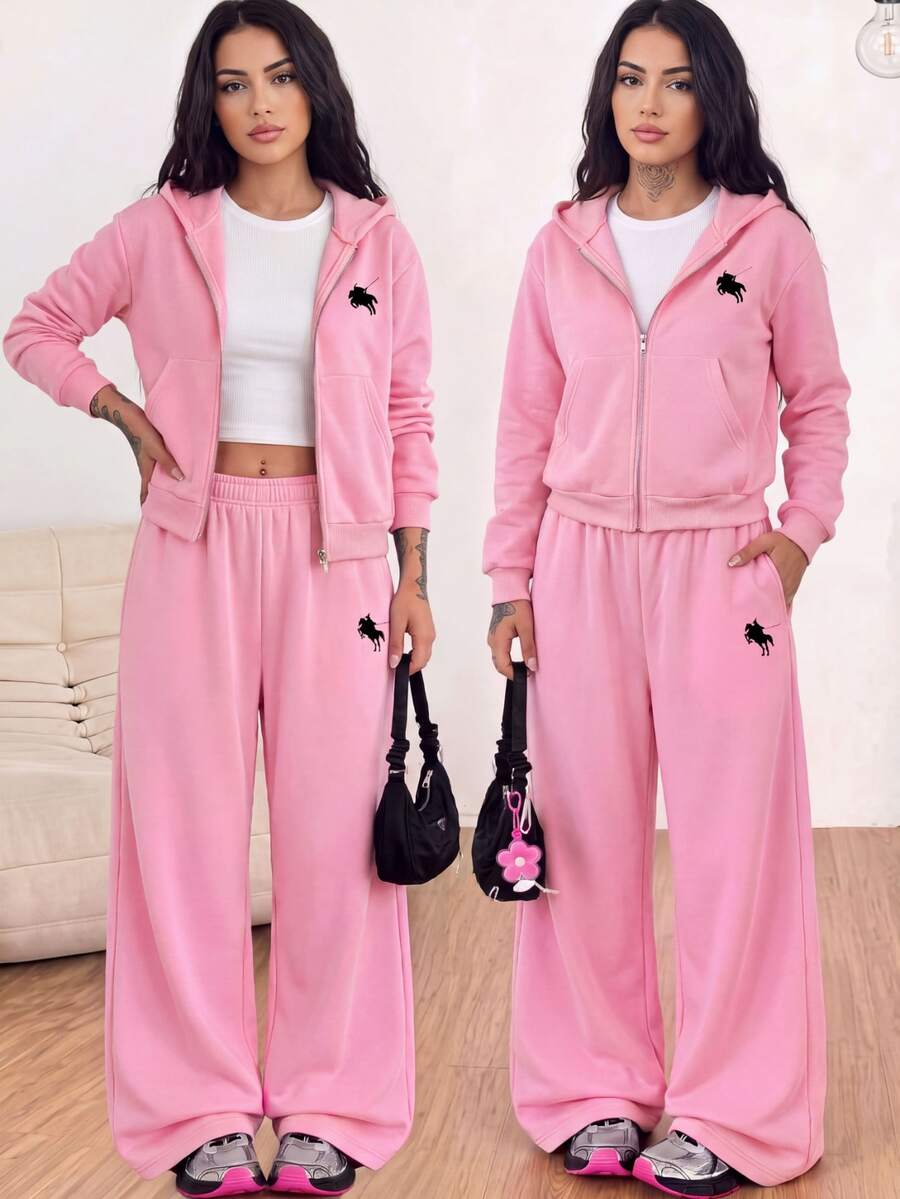 SHEIN 3件組女童青少年套裝 連帽長袖拉鍊運動衫 小馬圖案 秋季穿搭上衣 假期 六年級派對 正式 粉色白色 寬鬆休閒