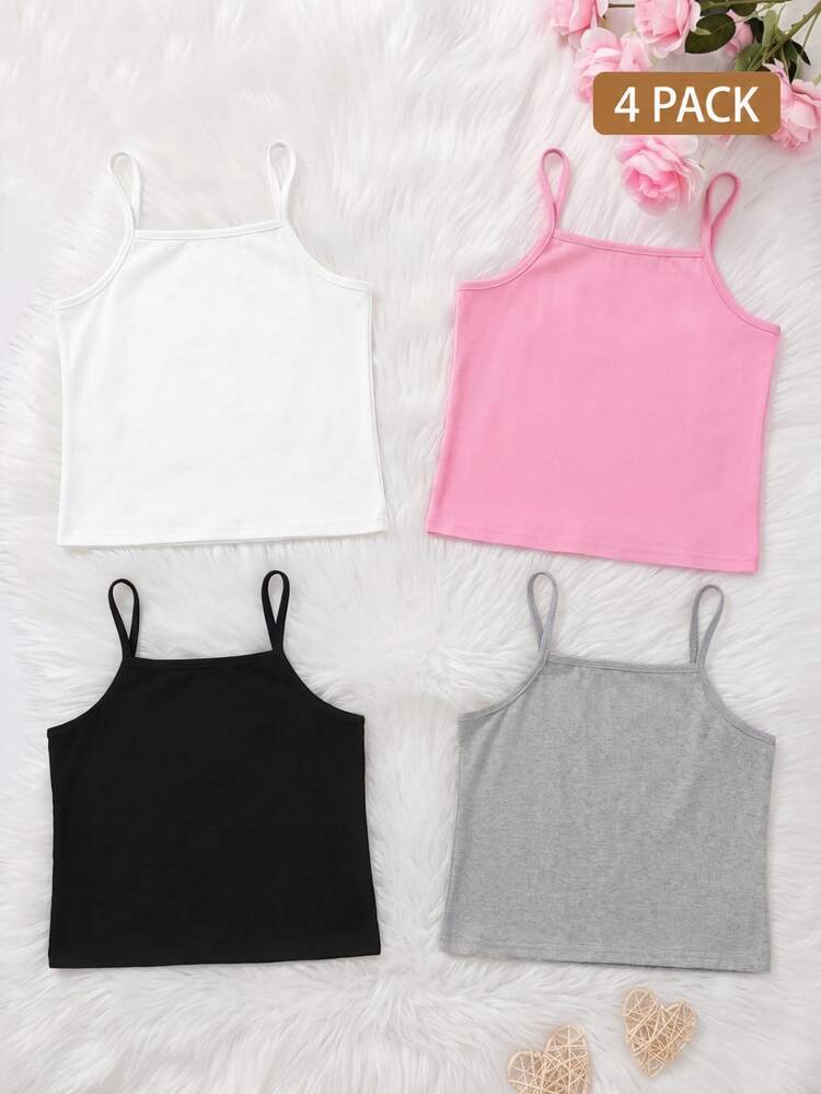 4pcs/Set Girls' Cute Ballet Camisole Tank Top Grey Black Pink White Woven Coordinated Set Suitable For All Seasons School Winter - Multicolor - View 1