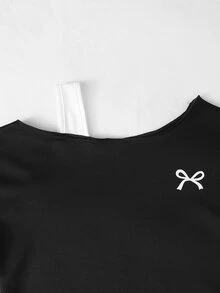 SHEIN 青少年女孩秋季套裝 2件/組圓領秋冬衛衣套裝，不對稱肩領拼接設計，校園黑白運動風 - 黑色 - 查看 5