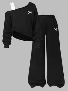 SHEIN 青少年女孩秋季套裝 2件/組圓領秋冬衛衣套裝，不對稱肩領拼接設計，校園黑白運動風 - 黑色 - 查看 4