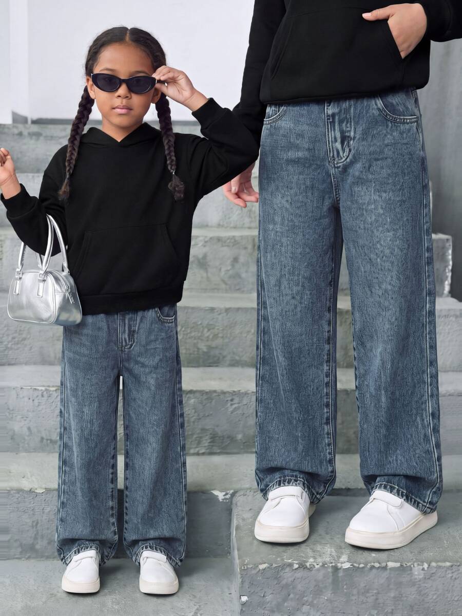 女童 Y2K 牛仔女郎街頭風日常彈性腰直筒牛仔褲，附平口袋，夏季秋季冬季 OOTD，嬰兒藍