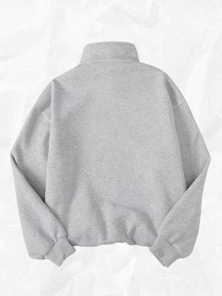 SHEIN Teen Girls Clothes Casual Streetwear Fashion Striped All-Match Zipper Sweatshirt Cute Knit Minimalist Loose Floral Crop Autumn School Sixth Form Gray Grey - Grey - View 3
