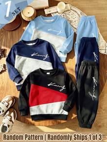 (Randomly Ships 1 Of 3) Autumn/Winter Boys' Fashion 3-Color Patchwork Basic Crew Neck Sweatshirt Sweatpants Set Ring Bearer Birthday Pink - Multicolor - View 1