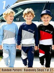 (Randomly Ships 1 Of 3) Autumn/Winter Boys' Fashion 3-Color Patchwork Basic Crew Neck Sweatshirt Sweatpants Set Ring Bearer Birthday Pink - Multicolor - View 4