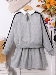 SHEIN 2 件/套青少年女孩的学校风格衬衫领 2 合 1 英文图案长袖运动衫，搭配同款褶皱迷你裙，袖子饰有撞色丝带和蝴蝶结装饰，舒适的针织面料，青春活力的外观，适合学校或休闲穿着 - 灰色 - 查看 2