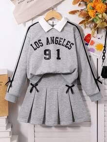 SHEIN 2 件/套青少年女孩的学校风格衬衫领 2 合 1 英文图案长袖运动衫，搭配同款褶皱迷你裙，袖子饰有撞色丝带和蝴蝶结装饰，舒适的针织面料，青春活力的外观，适合学校或休闲穿着 - 灰色 - 查看 3