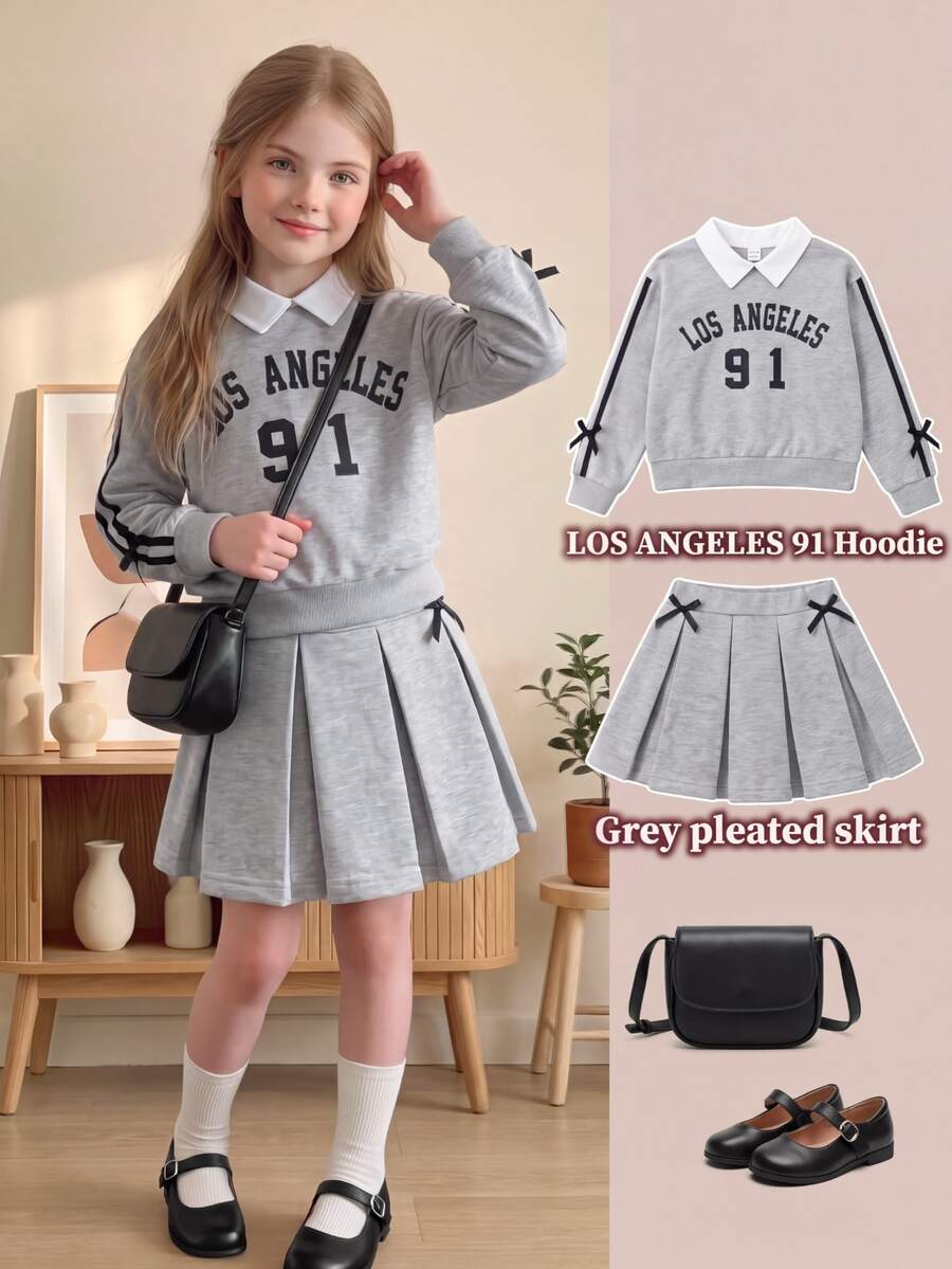 SHEIN 2 件/套青少年女孩的学校风格衬衫领 2 合 1 英文图案长袖运动衫,搭配同款褶皱迷你裙,袖子饰有撞色丝带和蝴蝶结装饰,舒适的针织面料,青春活力的外观,适合学校或休闲穿着 - 灰色 - 查看 1