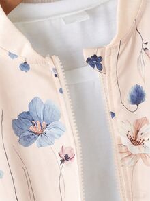 SHEIN 青少年女孩秋季米色拉鍊長袖花卉葉片印花短版休閒可愛牛仔女郎圖案飛行夾克，輕量秋季街頭風 - 杏色 - 查看 5