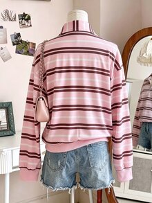 SHEIN 粉色圖案青少年女孩休閒街頭風開學條紋秋季大學預科/六年級船上穿著抓絨運動衫 - 彩色 - 查看 3