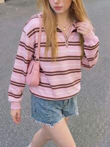 SHEIN 粉色圖案青少年女孩休閒街頭風開學條紋秋季大學預科/六年級船上穿著抓絨運動衫 - 彩色 - 查看 4