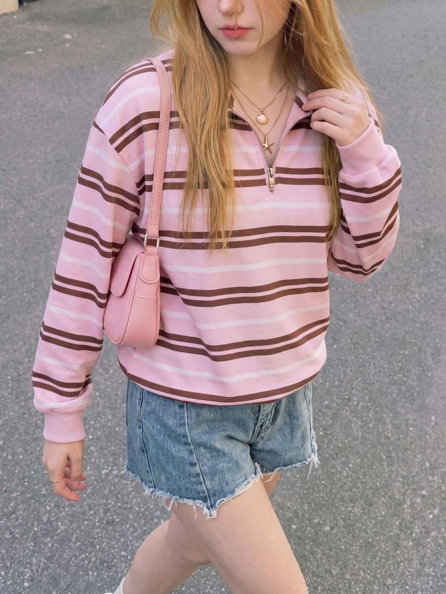SHEIN 粉色圖案青少年女孩休閒街頭風衛衣，條紋秋季返校款，抓絨，適合六年級、郵輪、舞會、海灘