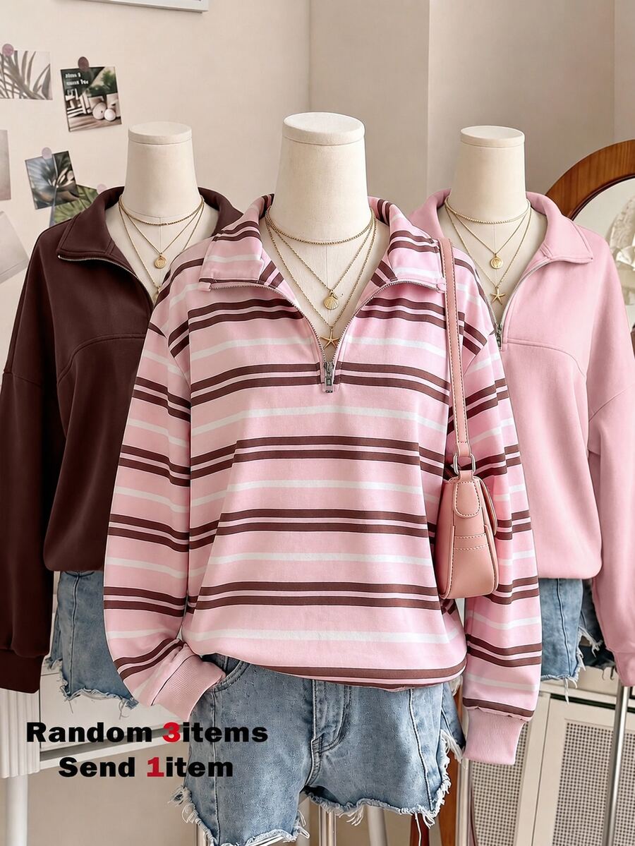 SHEIN 粉色圖案青少年女孩休閒街頭風開學條紋秋季大學預科/六年級船上穿著抓絨運動衫