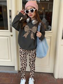 SHEIN 2pcs/Set Tween Girl Casual Korean Athletic Autumn Outfits Leopard Print Pattern Bow Decor Graphic Sweatshirt And Leggings Set Clothes School Brown - Multicolor - View 3