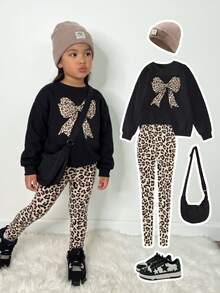 SHEIN 2pcs/Set Tween Girl Casual Korean Athletic Autumn Outfits Leopard Print Pattern Bow Decor Graphic Sweatshirt And Leggings Set Clothes School Brown - Multicolor - View 1