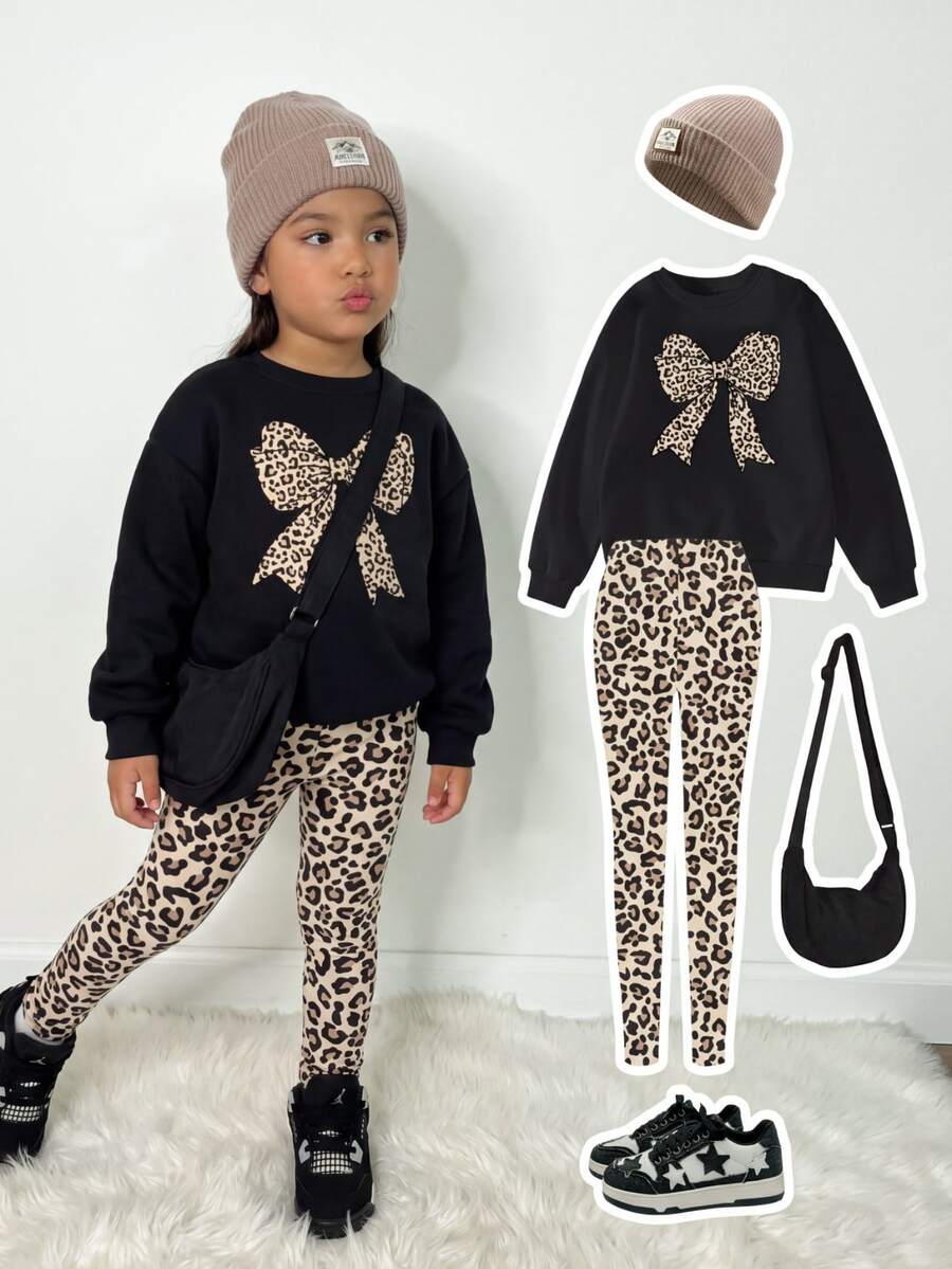 SHEIN 2pcs/Set Tween Girl Casual Korean Athletic Autumn Outfits Leopard Print Pattern Bow Decor Graphic Sweatshirt And Leggings Set Clothes School Brown - Multicolor - View 1