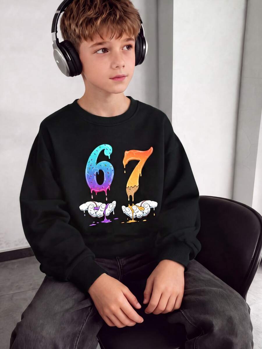 SHEIN Tween Boys 1 Pc Fashionable Casual Streetwear Black And Red Hand Support Number 67 Design Pattern Printed Round Neck Sweatshirt School Everyday - Black - View 1