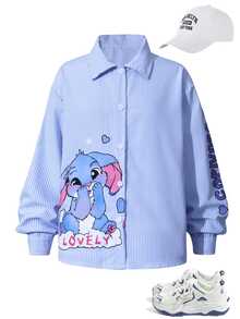 SHEIN Tween Girls' Cartoon Character Letter Print Long Sleeve Stand Collar Shirt, Fall Tops, Outings, School, Casual Cute, Comfortable - Blue - View 6