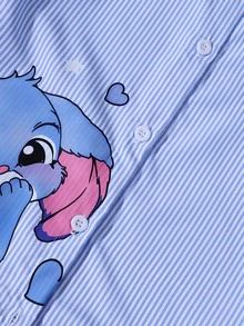 SHEIN Tween Girls' Cartoon Character Letter Print Long Sleeve Stand Collar Shirt, Fall Tops, Outings, School, Casual Cute, Comfortable - Blue - View 9
